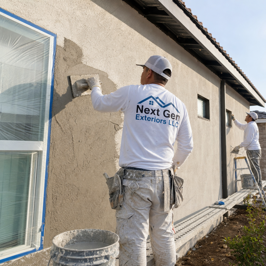 Two exterior workers actively installing horizontal siding panels on a residential house using measurement tools and safety gear