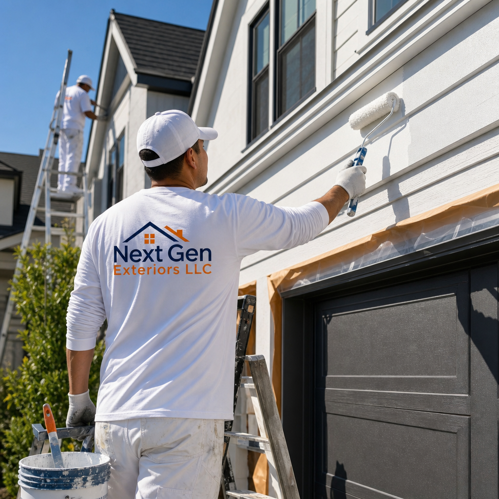 Residential siding crew installing lap siding panels on a two-story home with ladders, tools, and active jobsite setup