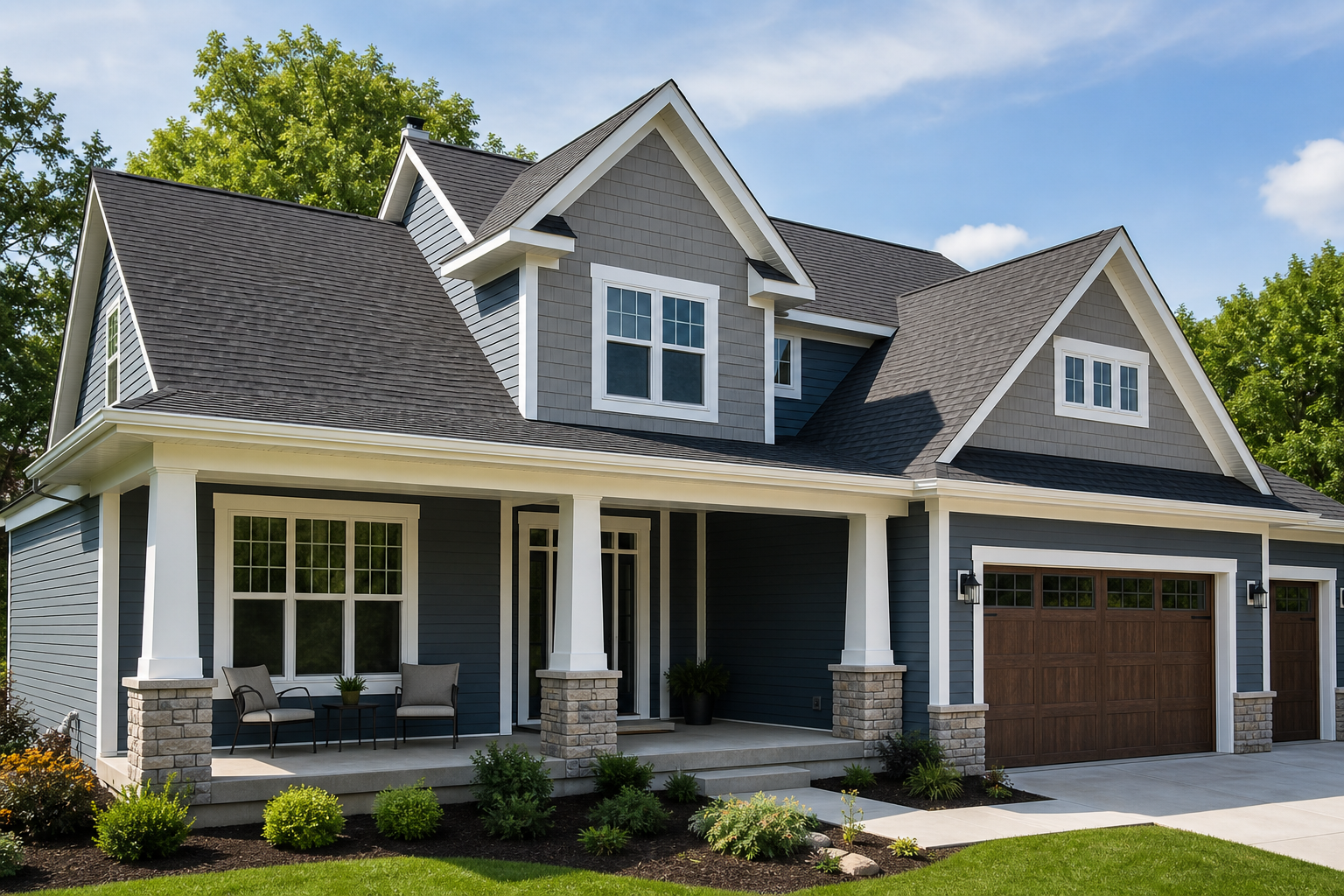 After exterior view with refreshed siding and trim accents, cleaner facade lines, and a more unified home envelope