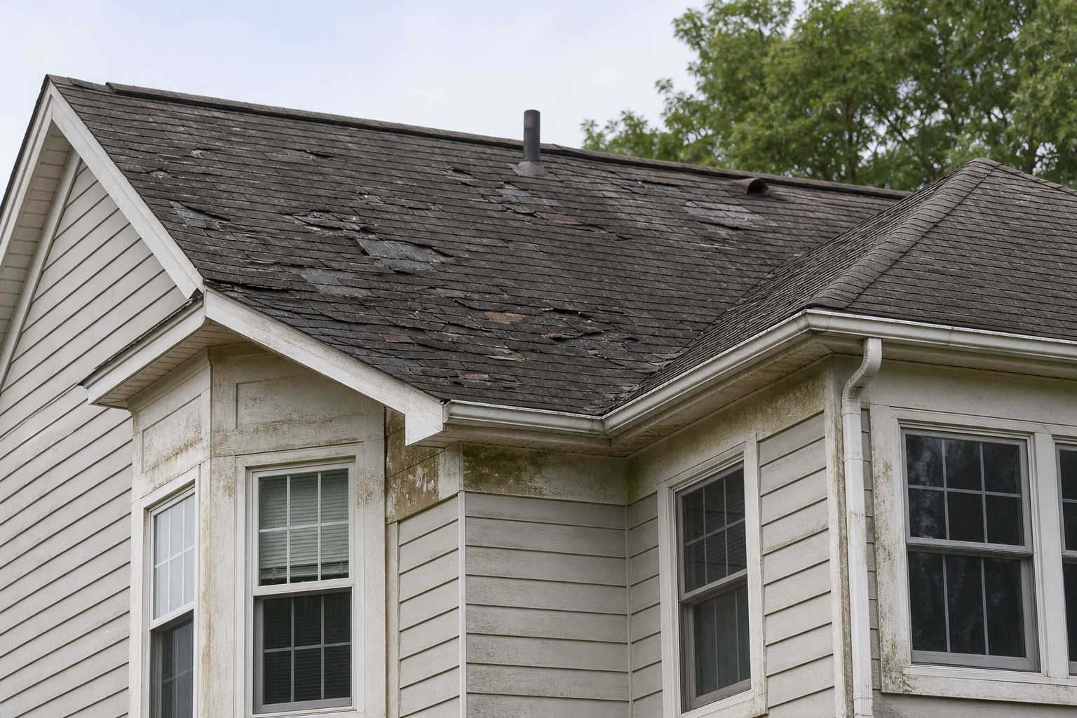 Before exterior view showing faded finishes, stained siding areas, and worn trim intersections around windows