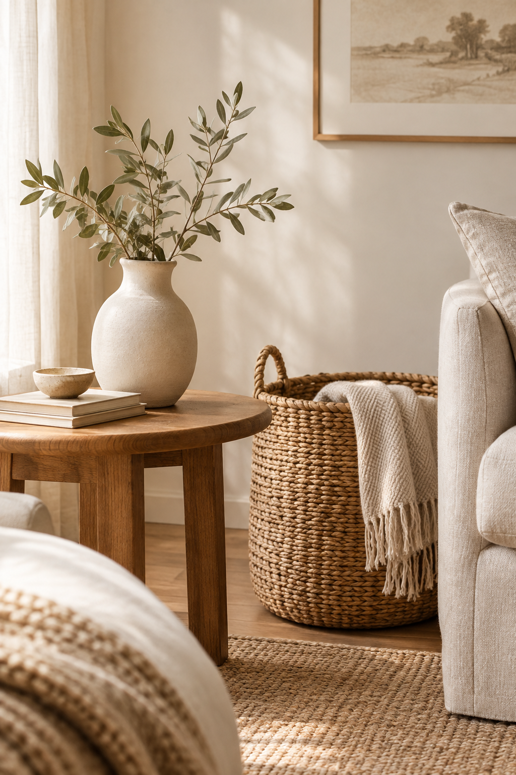 Warm handmade home decor styled in a soft natural interior with ceramic vase, woven basket, and linen textures