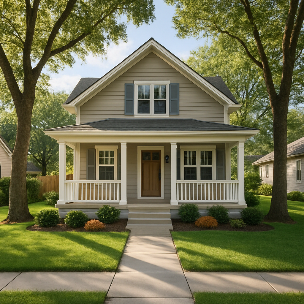 Family-friendly home with a manicured lawn, front porch, and mature trees in a quiet neighborhood