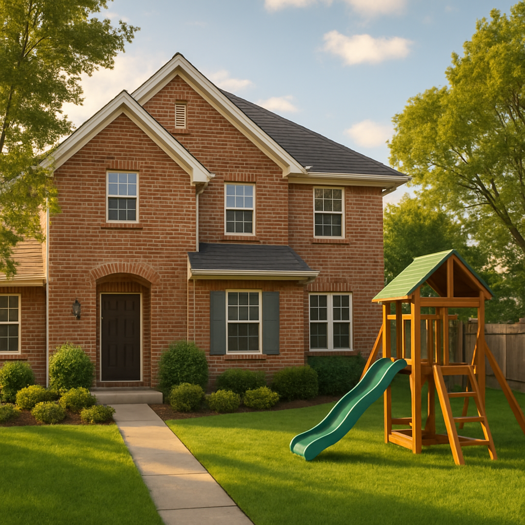 Inviting suburban house with brick facade, tidy landscaping, and a playset in the backyard
