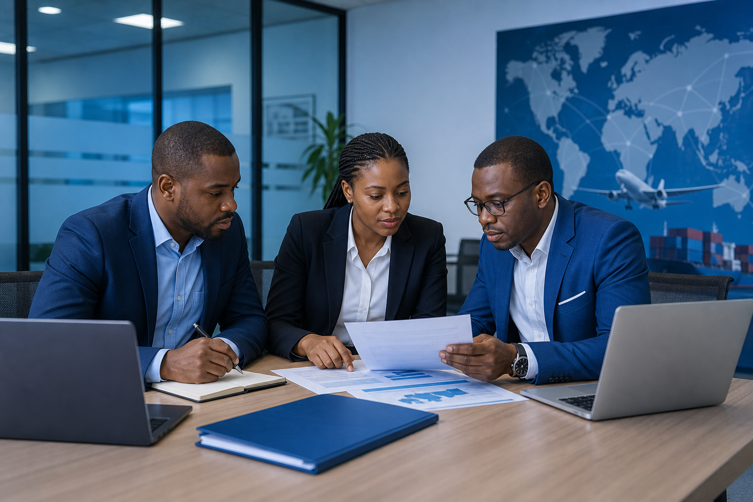 Professional logistics team reviewing shipment documentation in a modern office