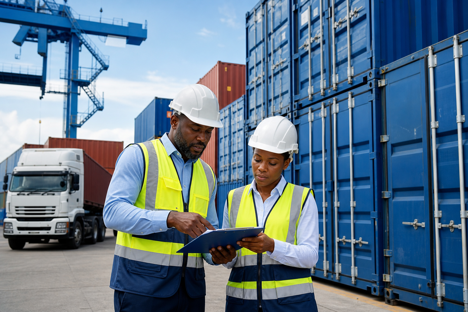 Professional logistics team reviewing cargo manifests beside secured freight containers in a modern port facility