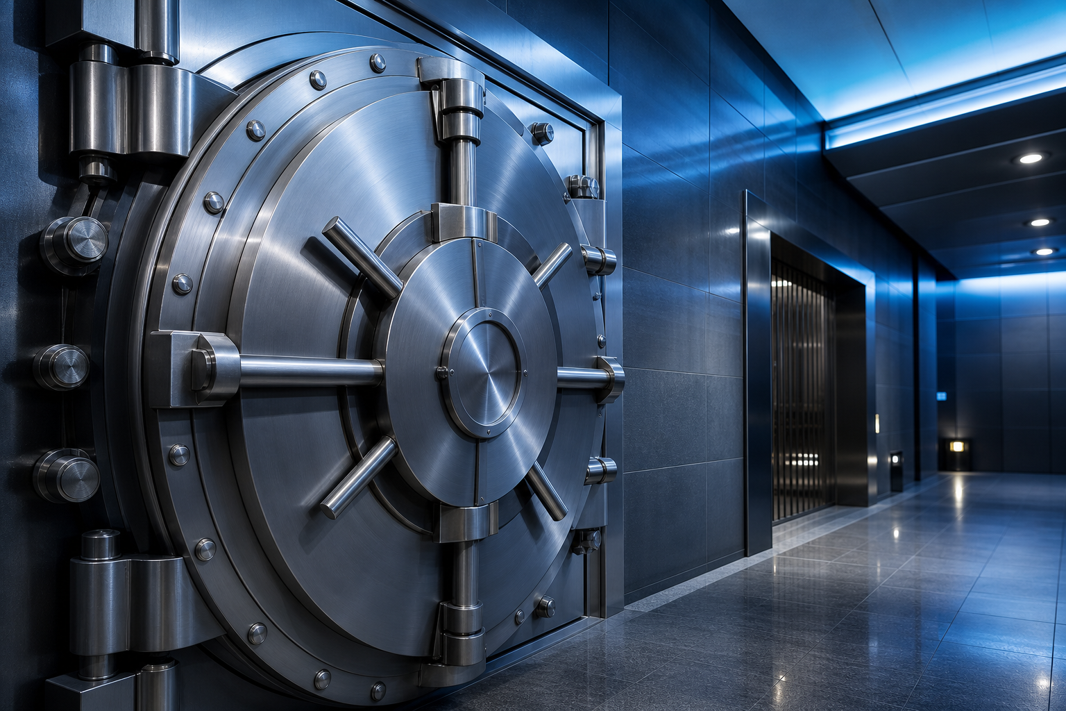 Steel vault door with a circular locking mechanism inside a secure storage facility