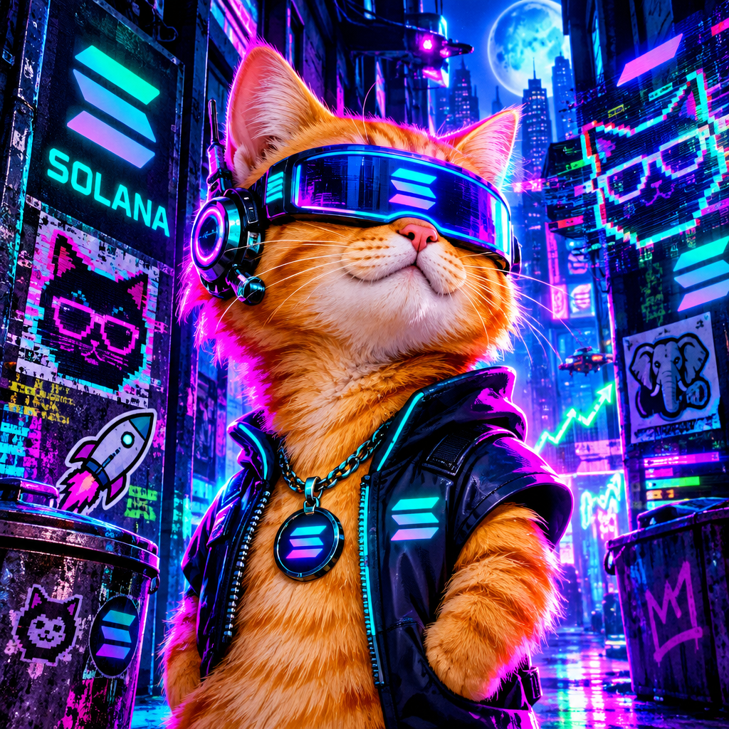Small chaotic sci-fi cat character with neon visor and meme-energy pose