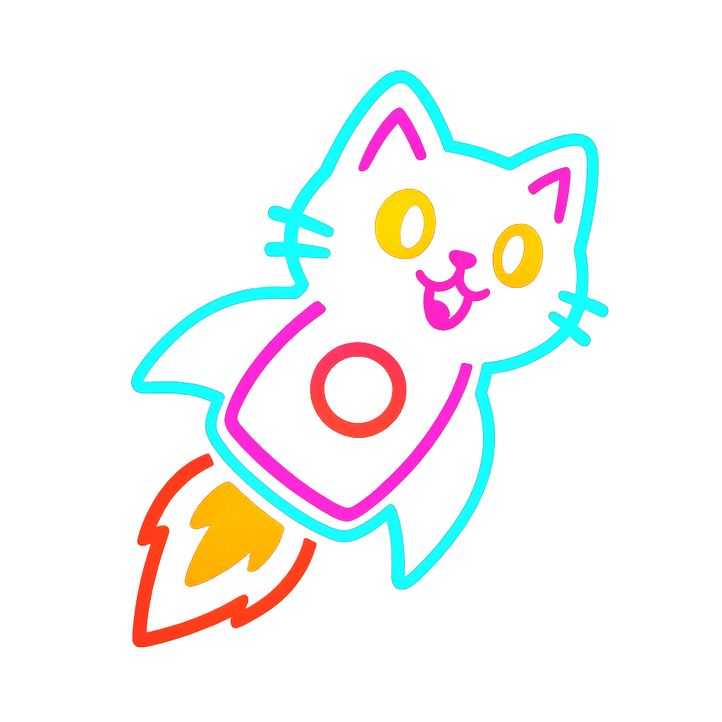 Small pump.fun style neon rocket-cat icon