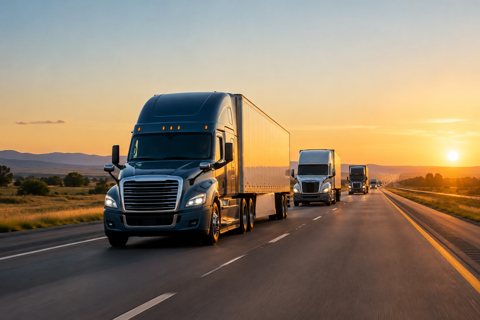Editorial-style highway freight scene with multiple semi-trucks moving through open road at golden hour