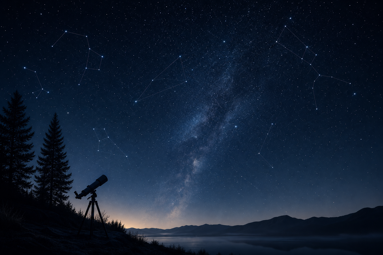 Nighttime astronomy scene with a deep sky horizon, visible stars, and subtle constellation lines