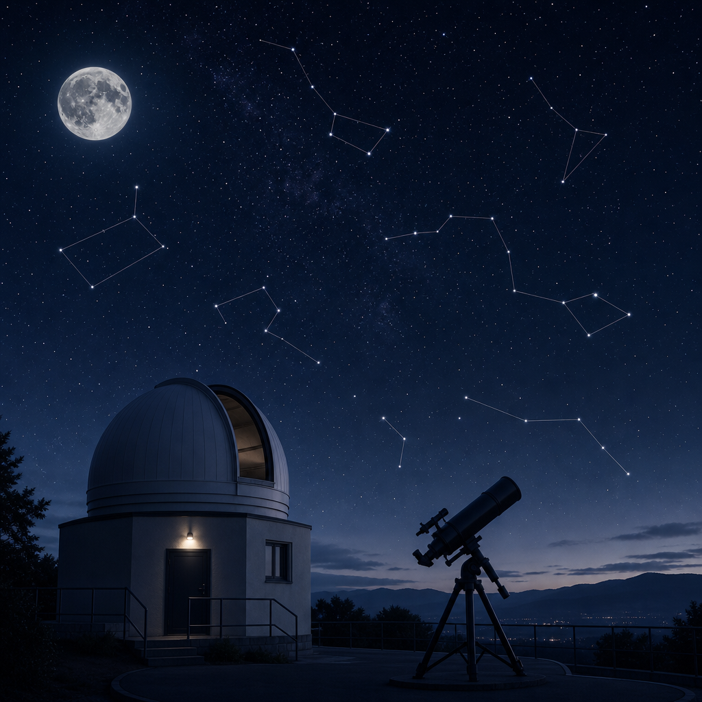 Moonlit small observatory dome and telescope silhouette under a calm starfield with fine constellation line overlays