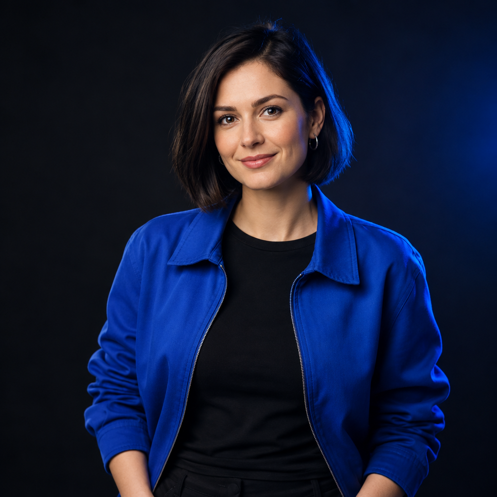 Anna Koval, a frontend performance engineer with a dark bob haircut and cobalt jacket