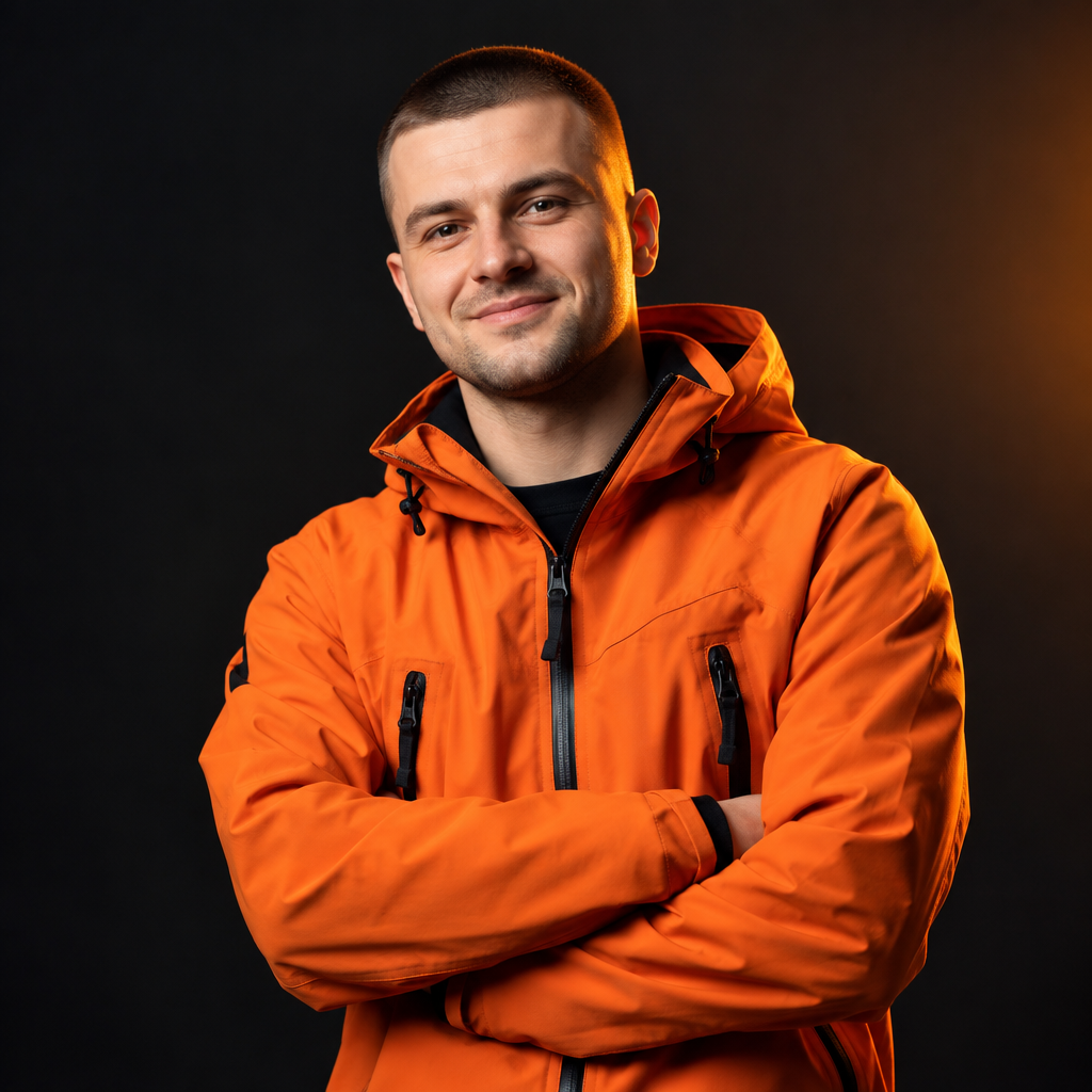 Denys Horobets, a CSS engineer with close-cropped hair in a bright orange technical jacket