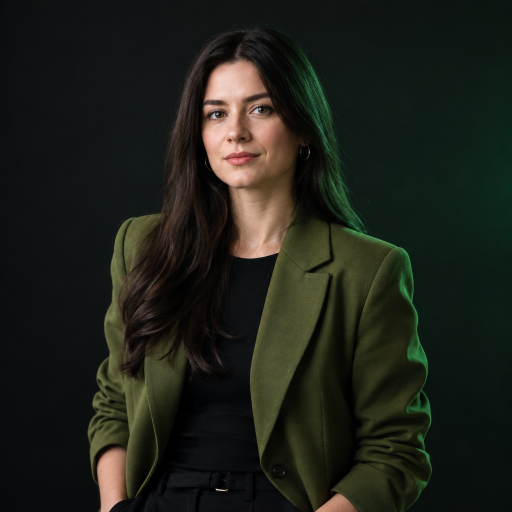 Iryna Bondar, a quality engineer with long dark hair and a moss green blazer