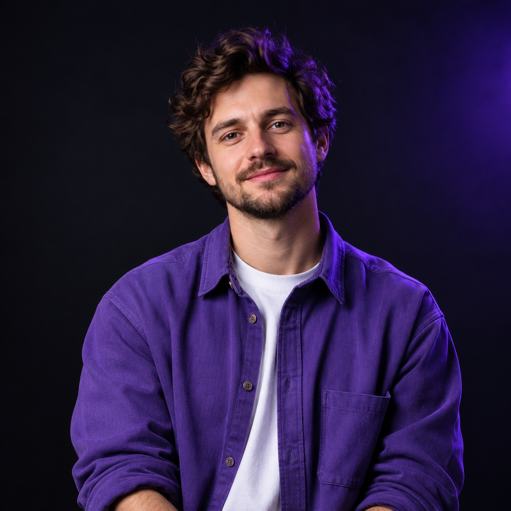 Maksym Lisovyi, a motion designer with wavy brown hair and a violet shirt