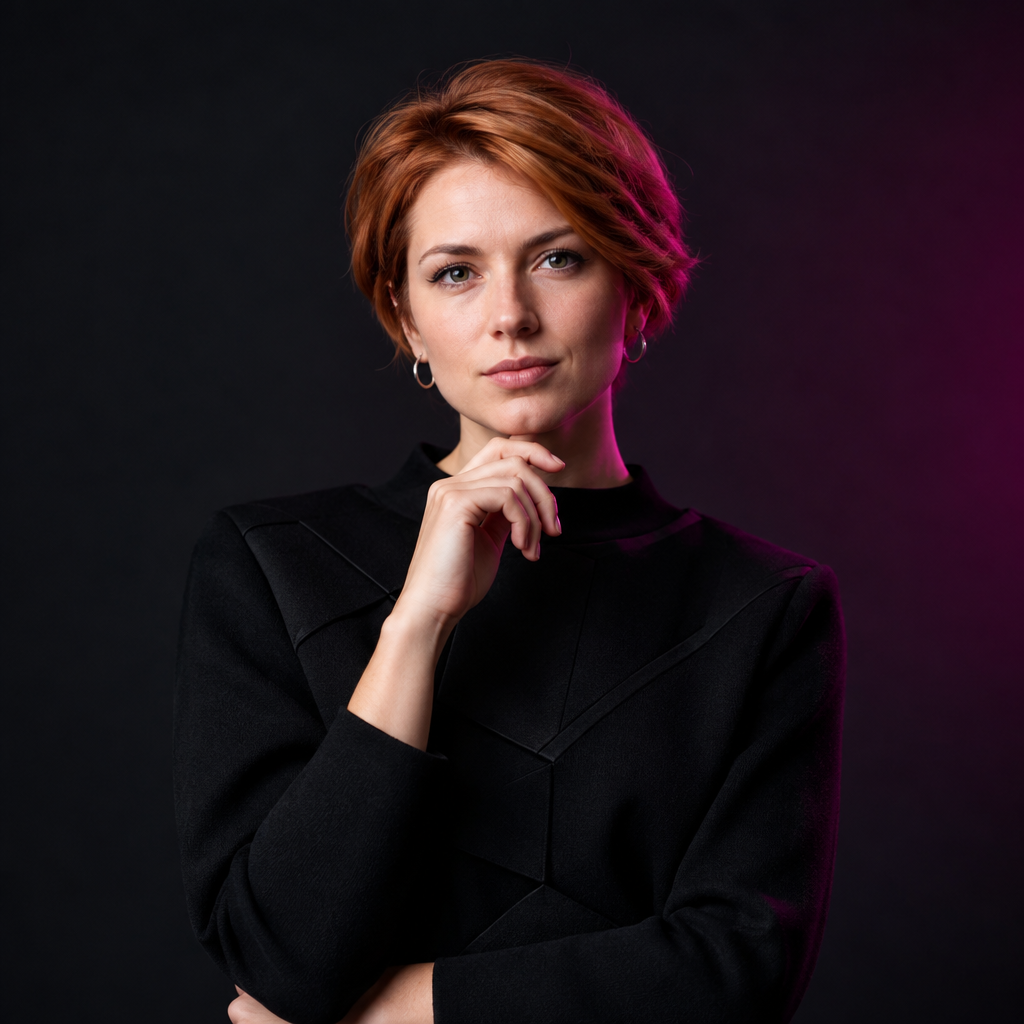 Marta Rybak, a design systems lead with short copper hair and a geometric black top
