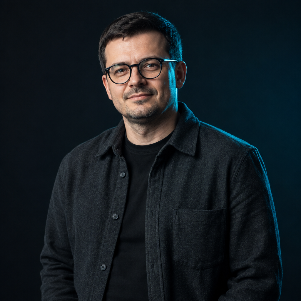 Oleh Melnyk, an accessibility specialist wearing round glasses and a charcoal overshirt