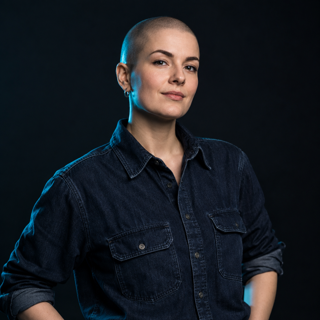 Sofia Petrenko, a frontend tooling engineer with a shaved head and a dark denim shirt
