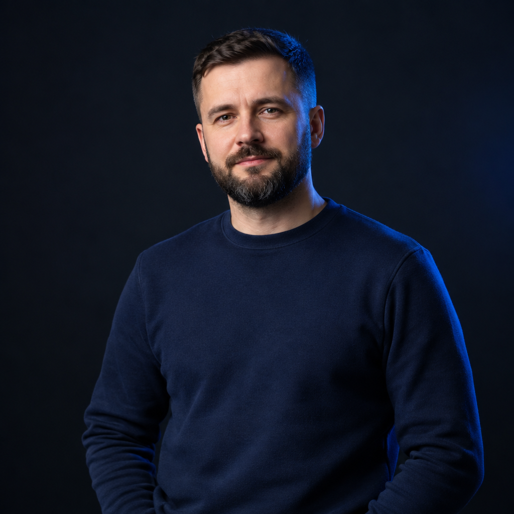 Taras Shevchuk, a component architect with a neatly trimmed beard and a navy crewneck