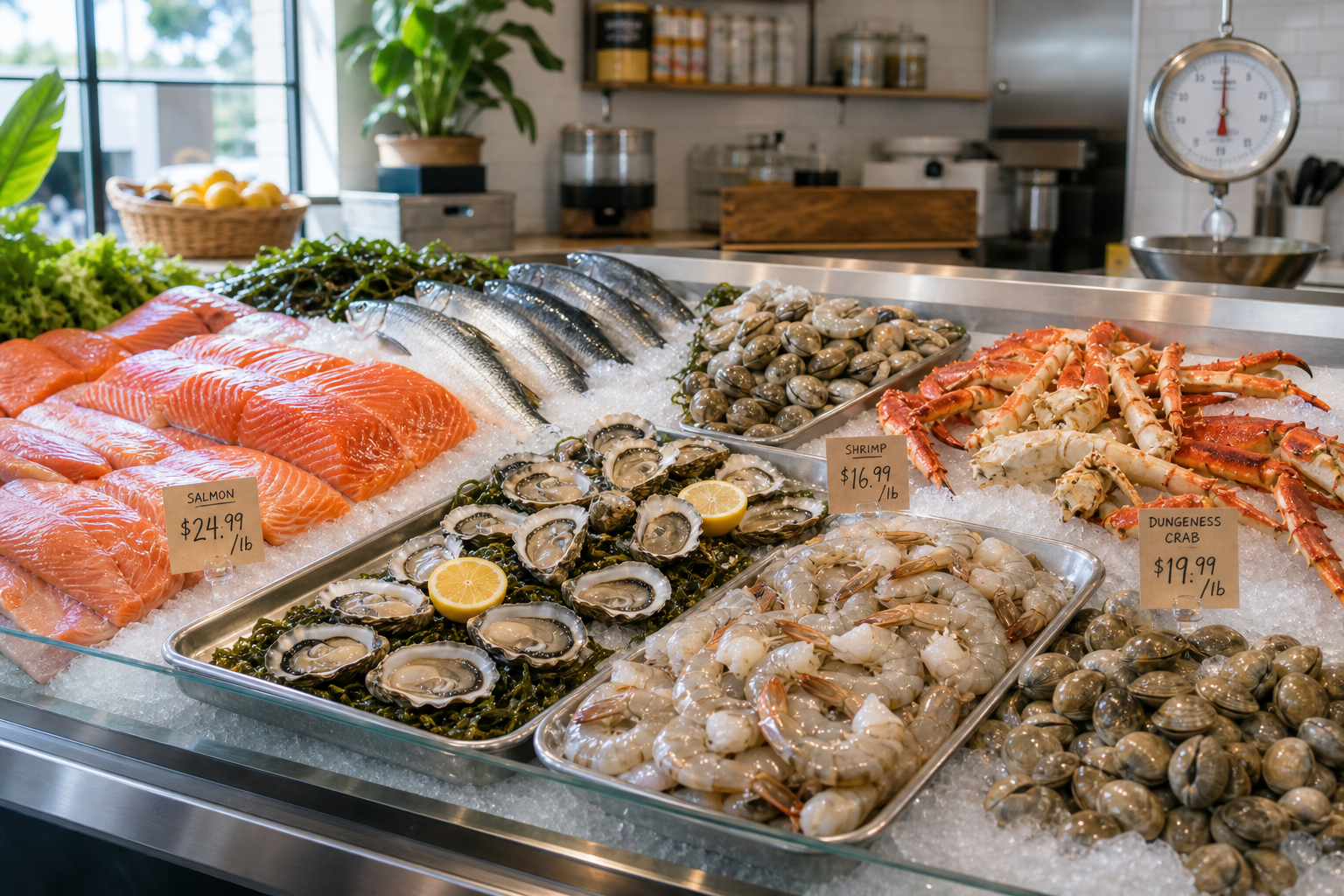 Fresh seafood display on crushed ice at a friendly neighborhood market counter