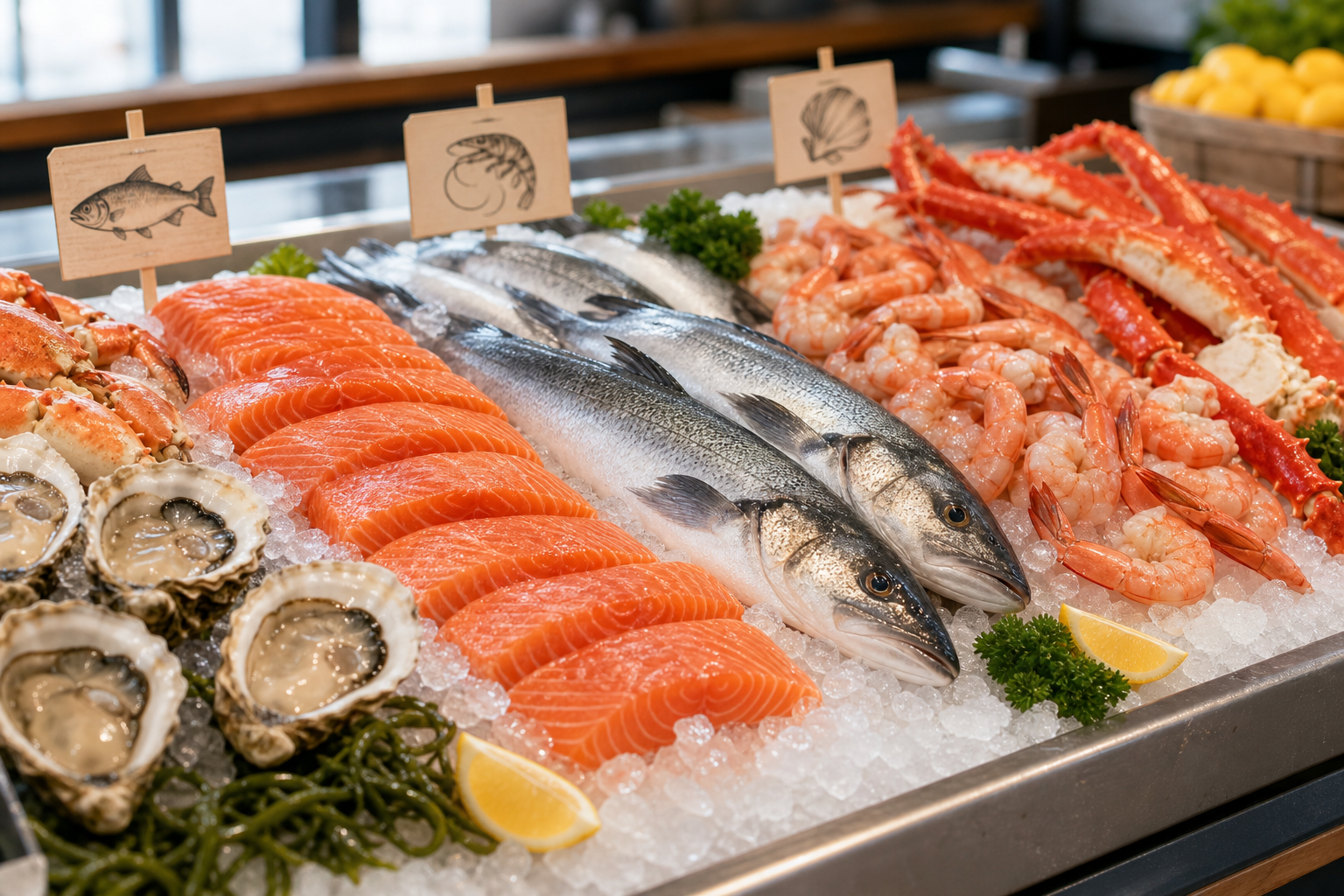 Crushed-ice seafood market display with salmon fillets, oysters, shrimp, and crab arranged in a clean local shop
