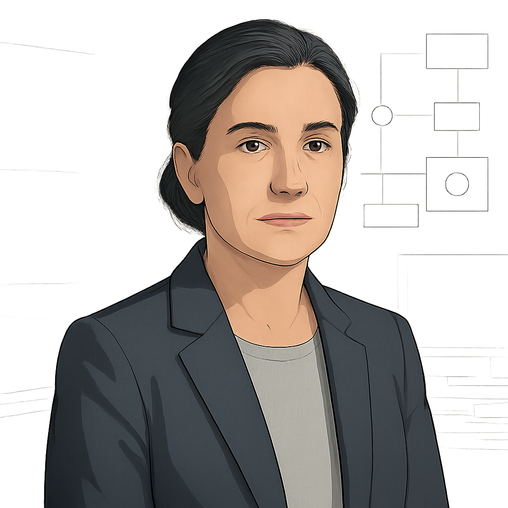 Retrato ilustrado sobrio de especialista en consultoría PID con vestimenta formal y fondo técnico neutro