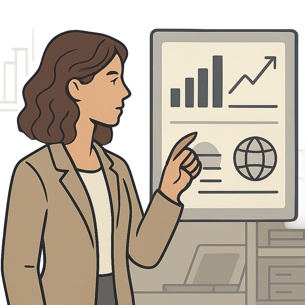 Ilustración profesional de estratega de difusión científica con panel de impacto y visibilidad académica