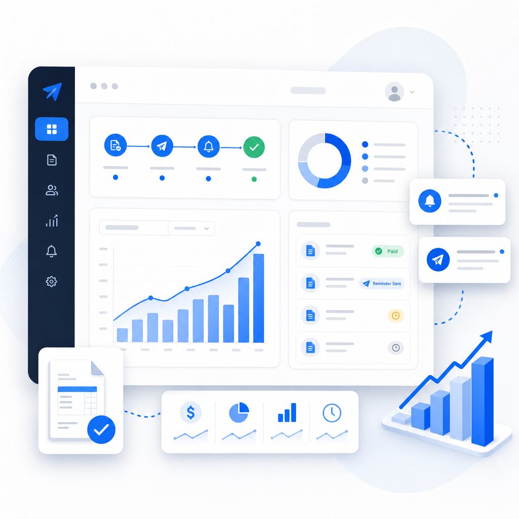 Abstract SaaS dashboard illustration showing invoice reminders, payment tracking timeline, and cash flow analytics charts in blue and slate tones