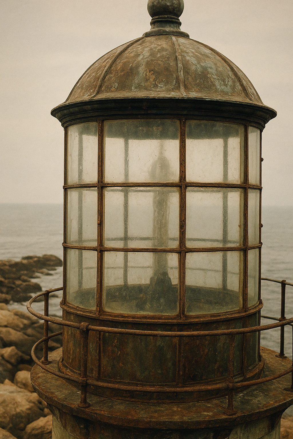 Close archival view of a weathered lighthouse lantern room with salt-worn metal framing and narrow panes overlooking a rocky shoreline