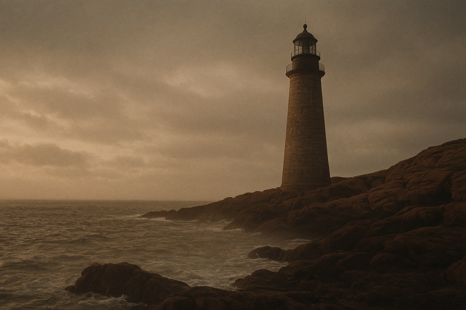 Weathered stone lighthouse on the northern coast at dusk, with sea mist, textured sky, and warm archival film tones