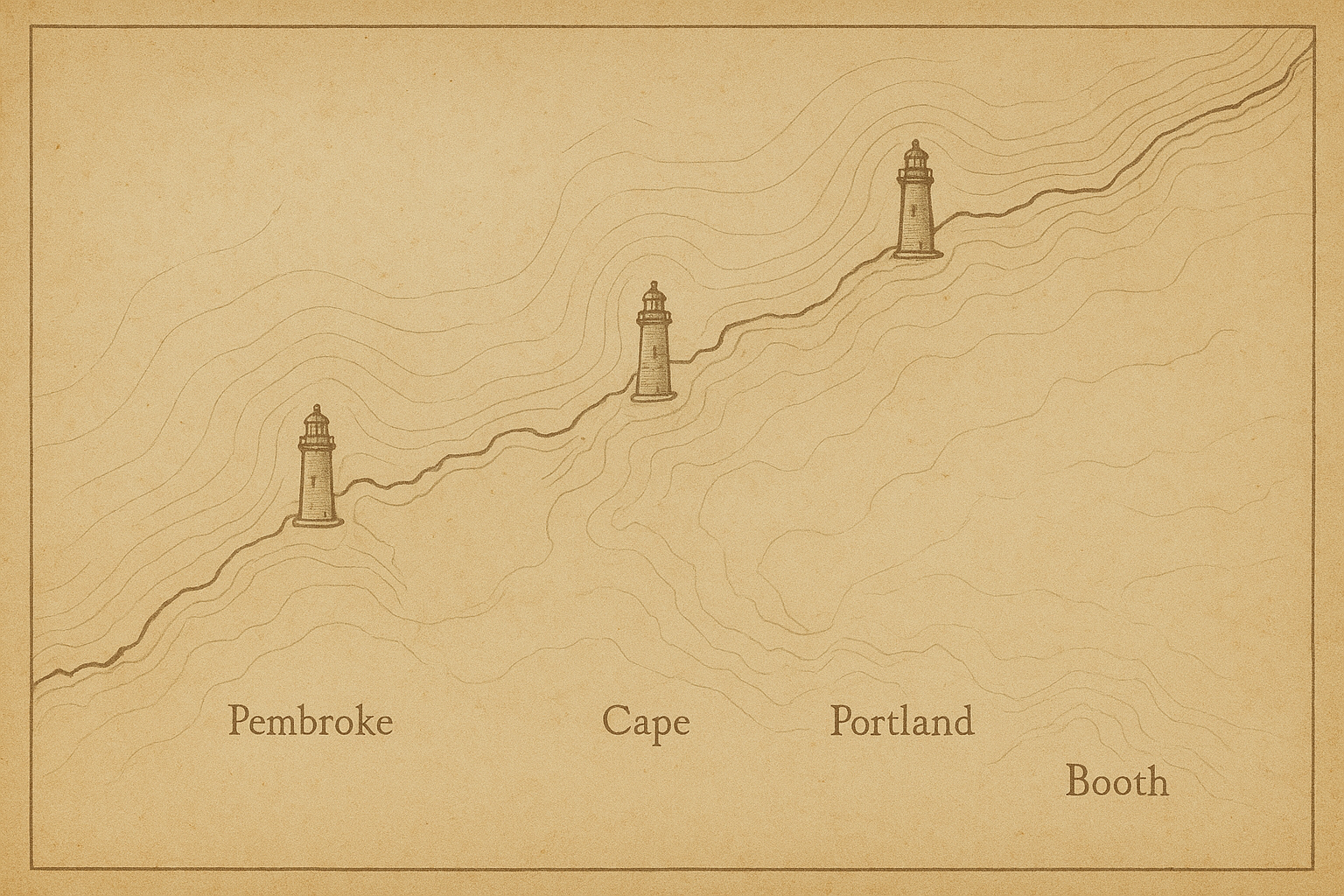 Illustrated archival coastline map of the northern coast with preserved lighthouse towers marked by small beacon symbols, hand-drawn shoreline linework, and subtle place labels