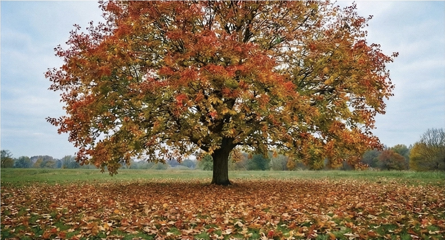 Tree with red and orange autumn leaves above fallen leaves