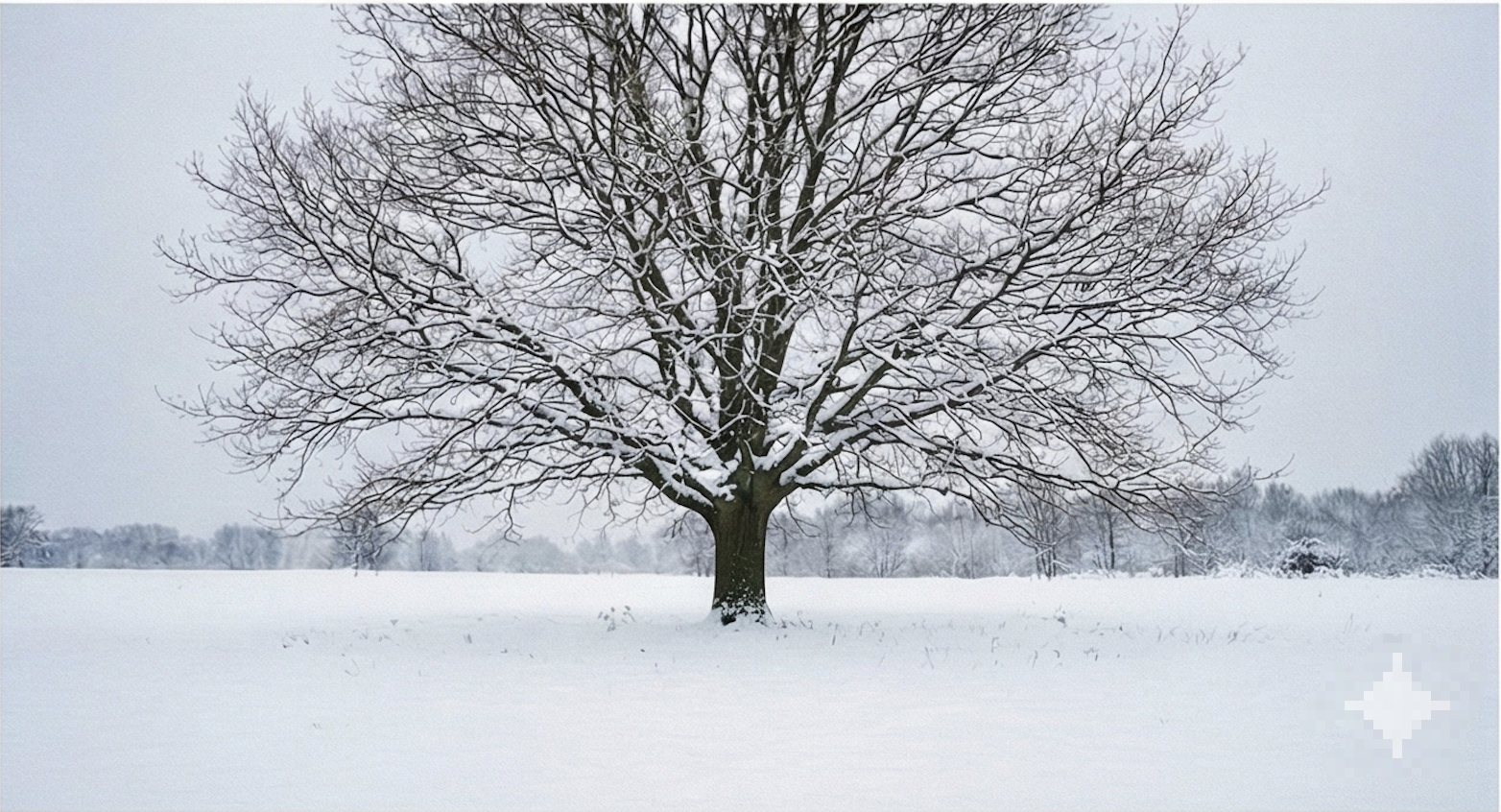 Bare tree standing in a snowy winter field