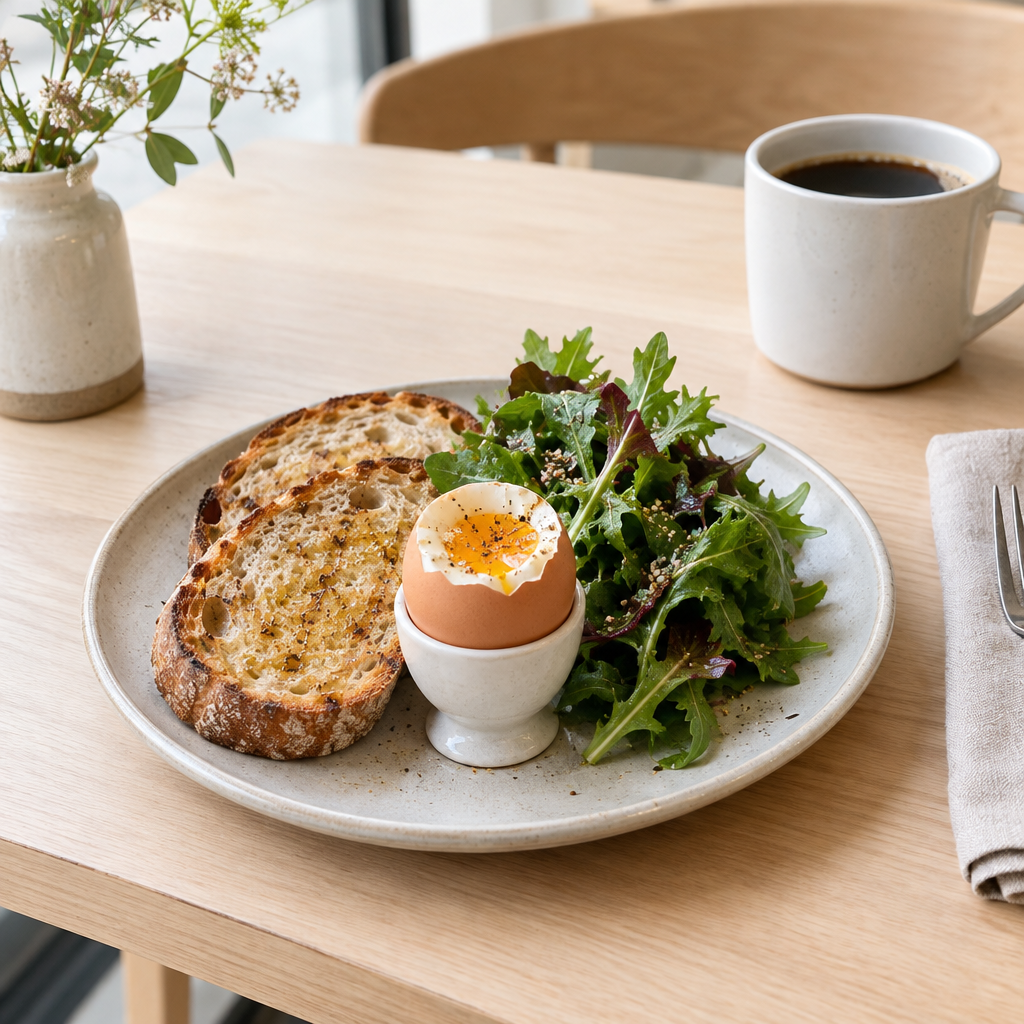 Simple breakfast plate with toasted sourdough, greens, and a soft-boiled egg