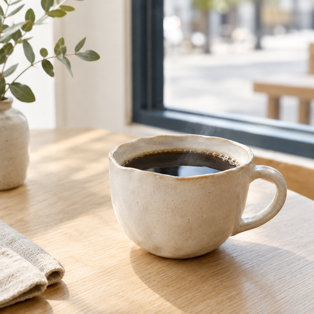 Hand-thrown ivory coffee cup in gentle window light