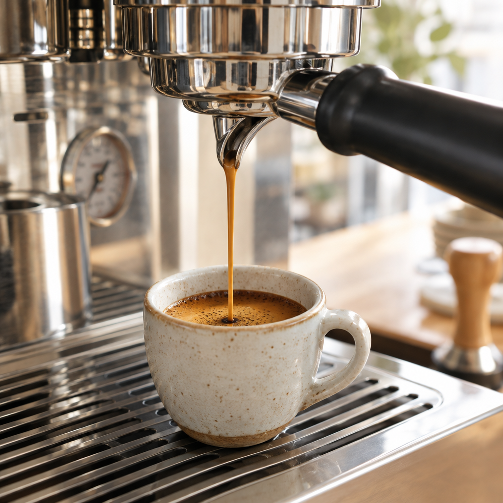 Rich espresso pouring in a thin stream into a small ceramic cup