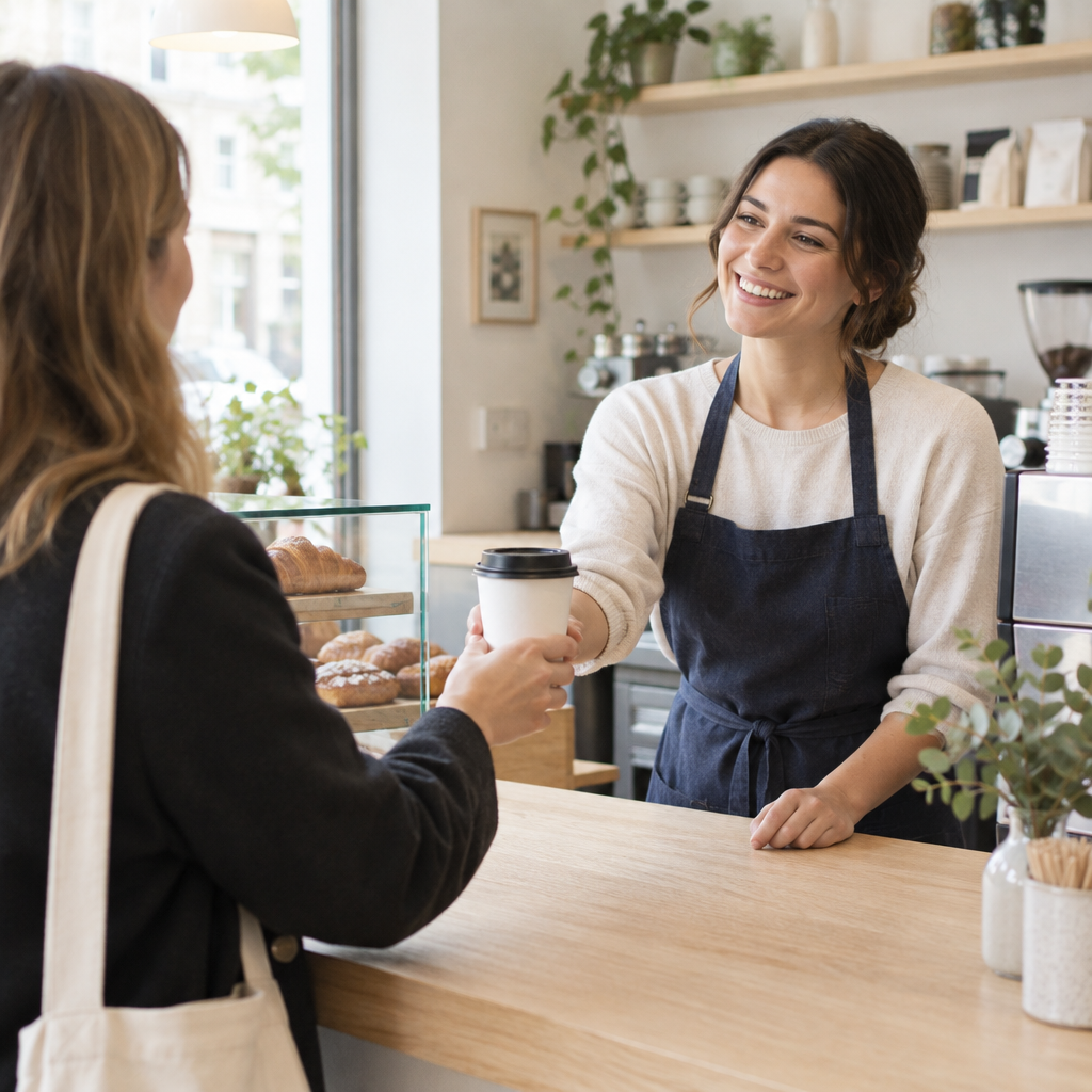 Friendly barista handing a takeaway cup across the bright cafe counter