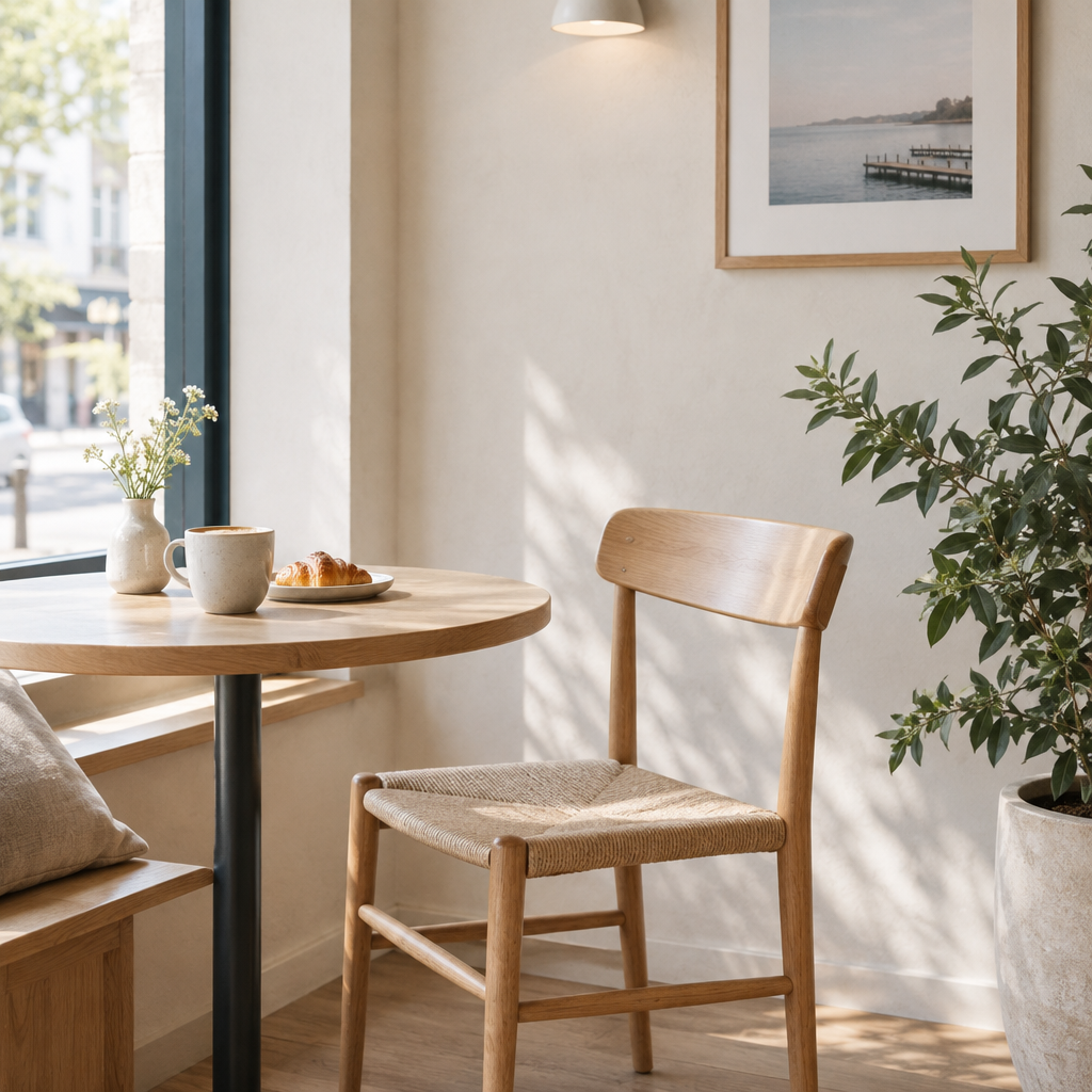 Quiet cafe corner with a simple wooden chair and a leafy plant by the window