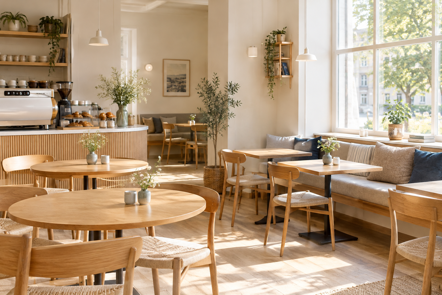 A welcoming Scandinavian-style cafe interior with pale walls, warm light wood, and comfortable seating beside a bright window.
