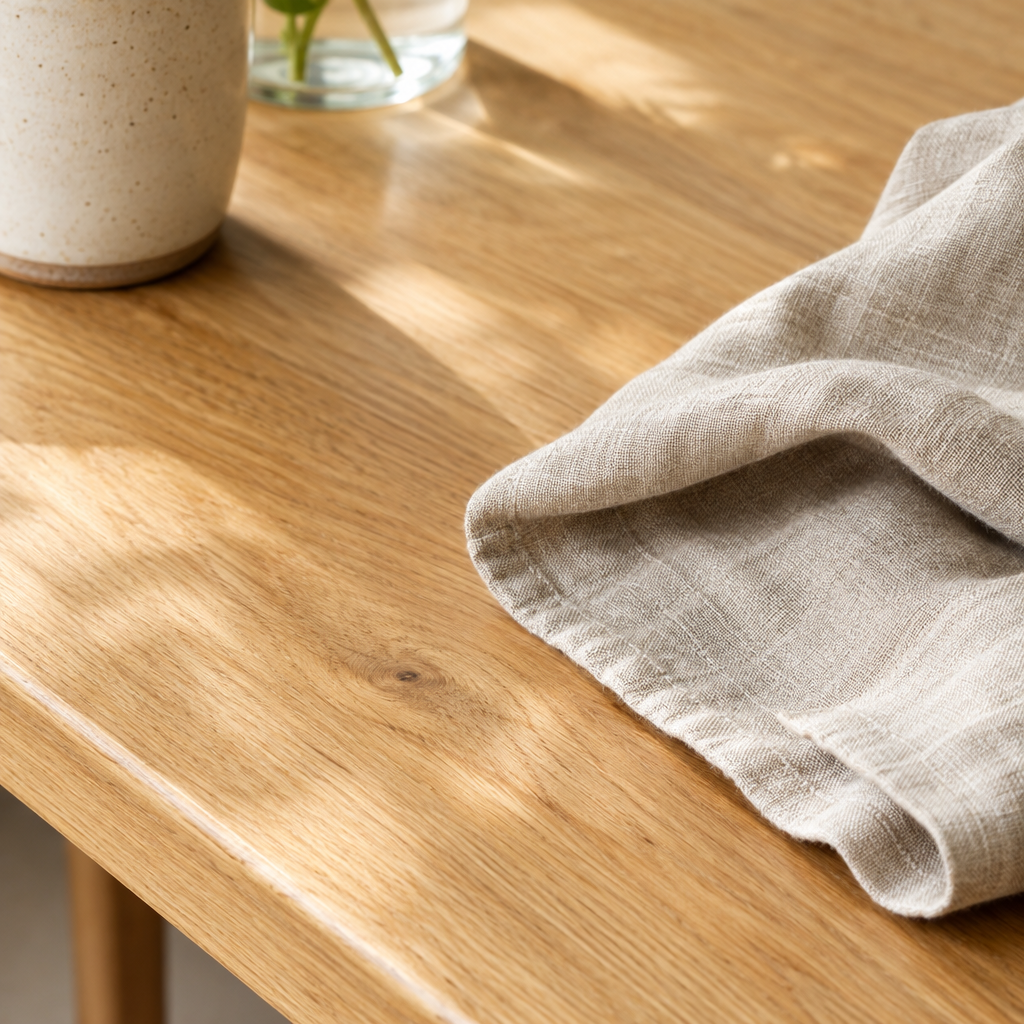 Close detail of honey-toned oak counter grain and a folded linen napkin
