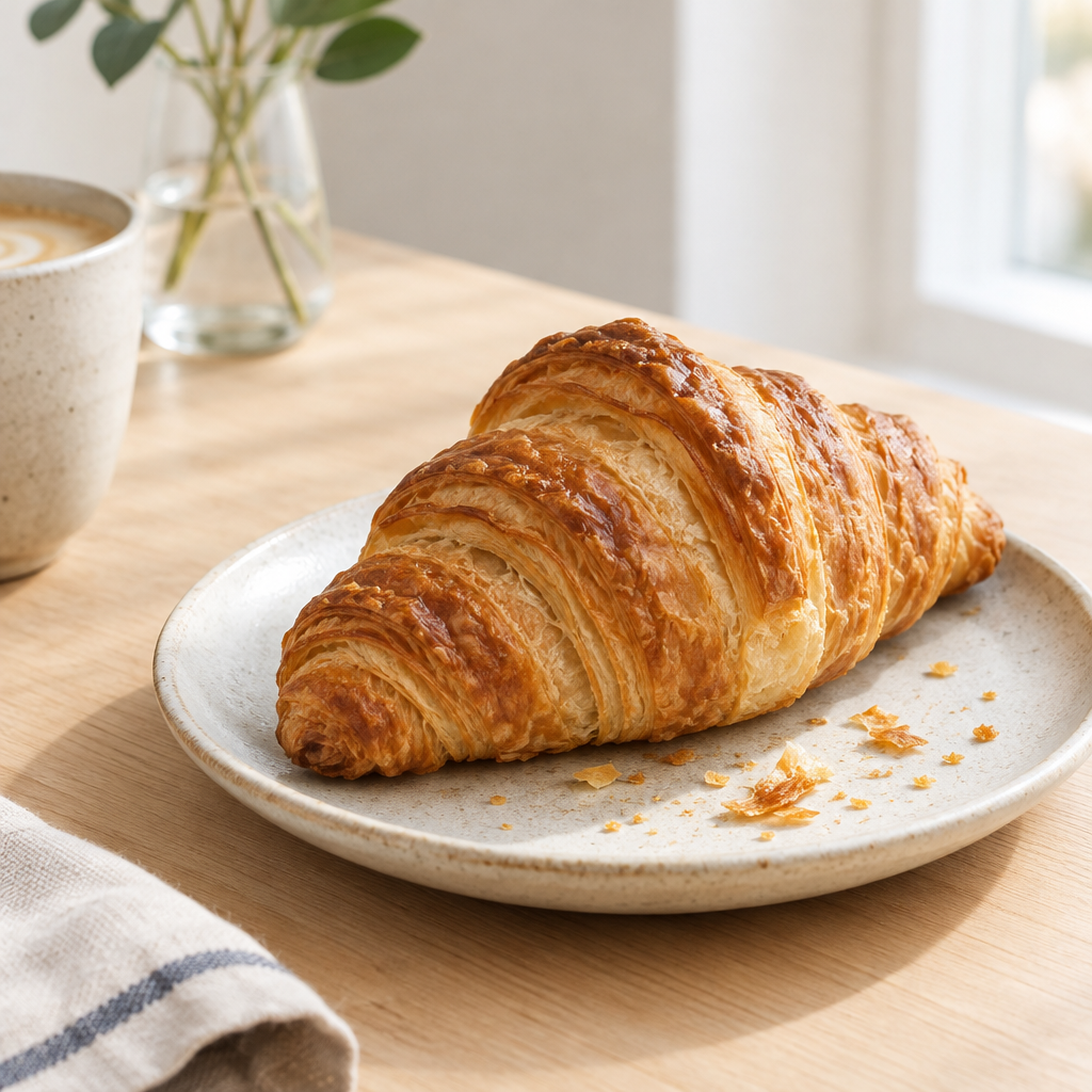 Flaky golden croissant on a small stoneware plate beside crumbs