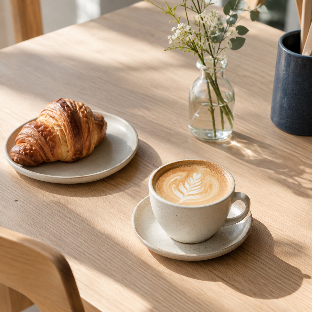 Pale oak cafe tabletop with a soft patch of morning sunlight