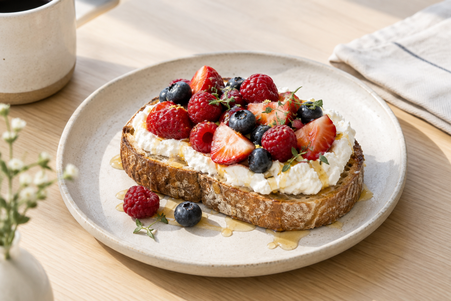 Thick-cut sourdough toast with whipped ricotta and bright seasonal berries on a light stoneware plate