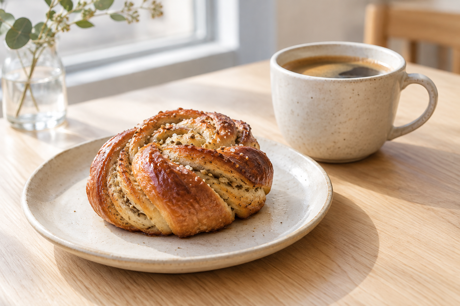 Golden cardamom bun with a glossy glaze, resting on a pale handmade ceramic plate beside coffee