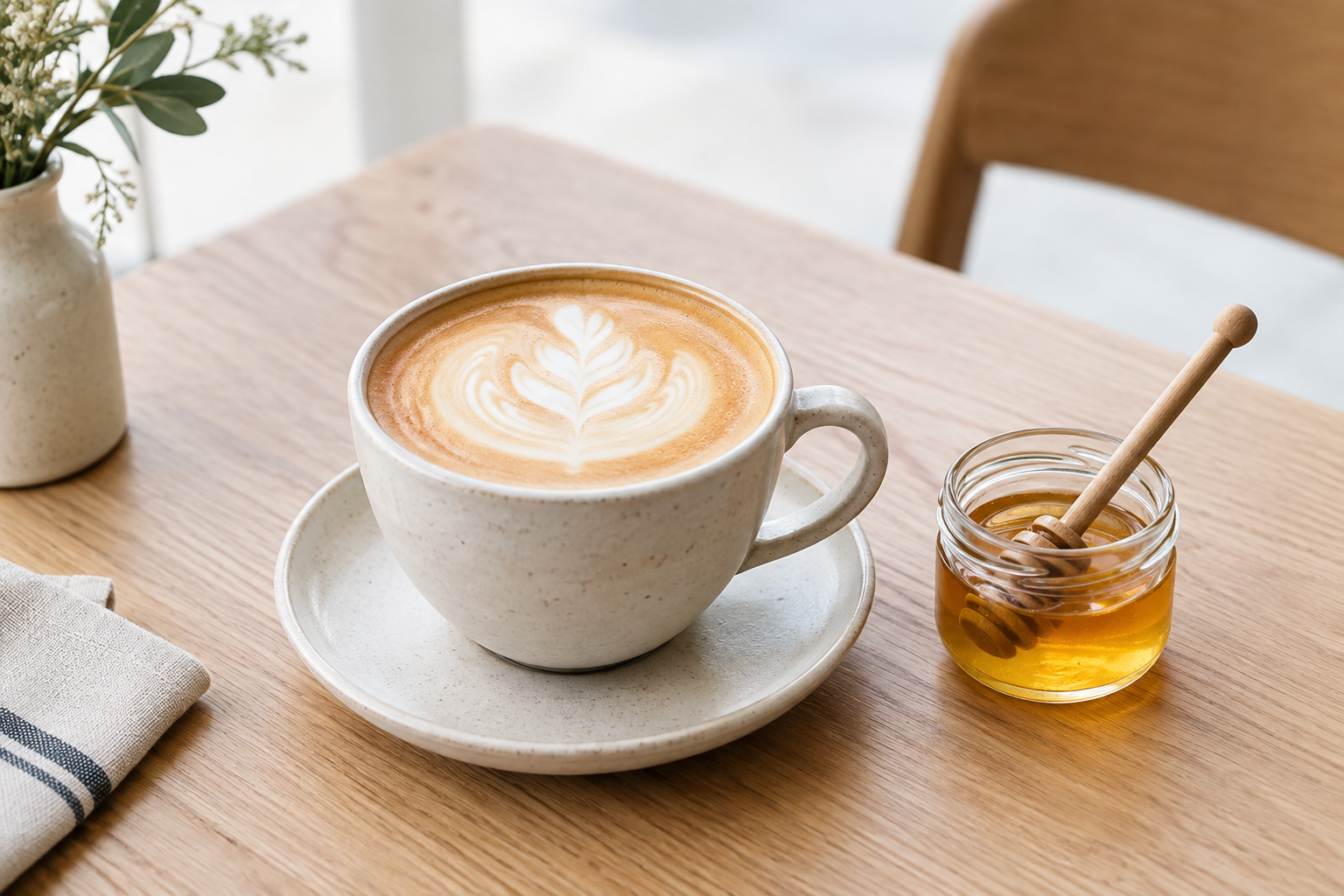 Steaming oat milk latte with delicate leaf art in a pale ceramic cup, with a small honey jar nearby