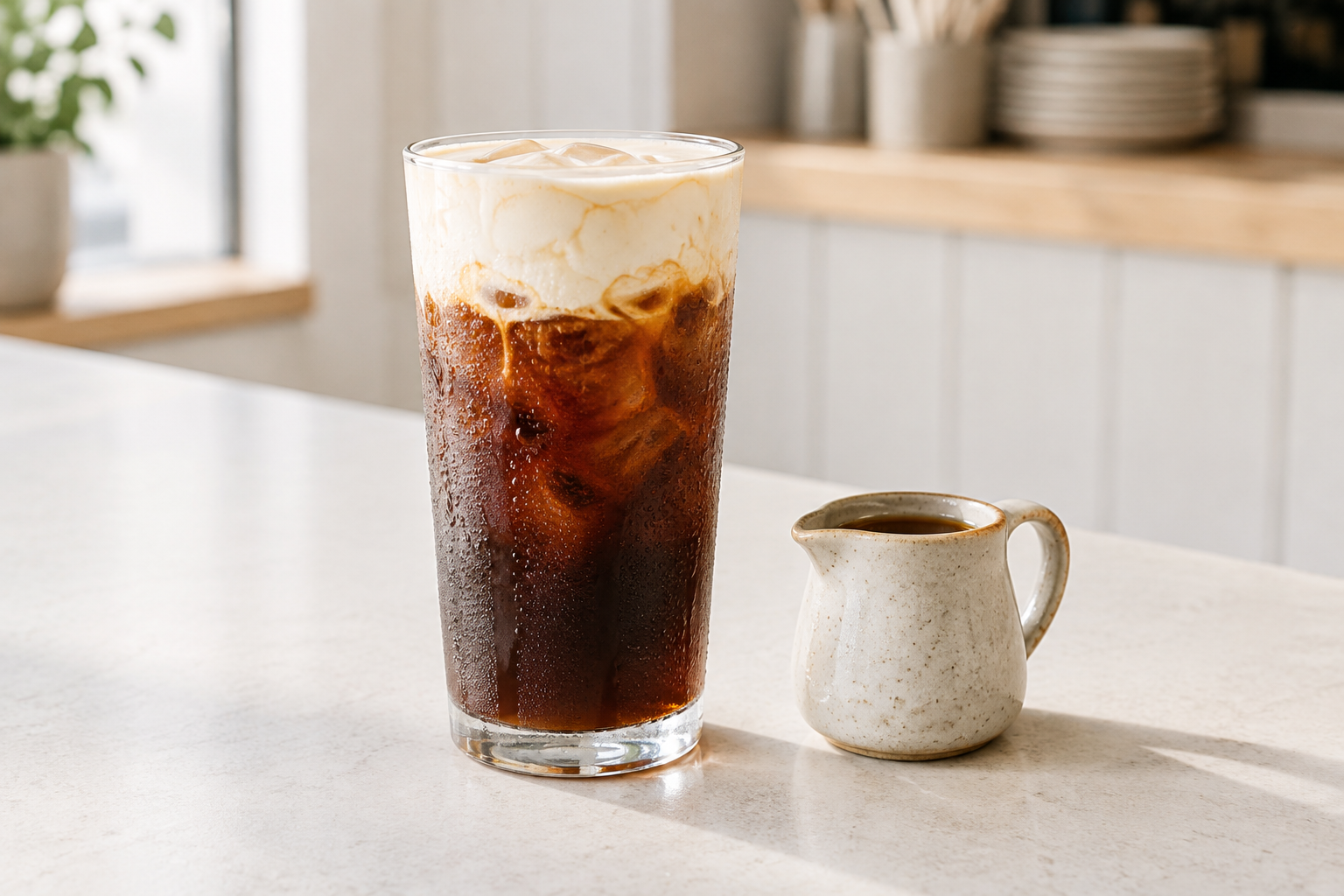 Tall glass of iced cold brew with creamy maple foam, condensation, and a small maple syrup pitcher