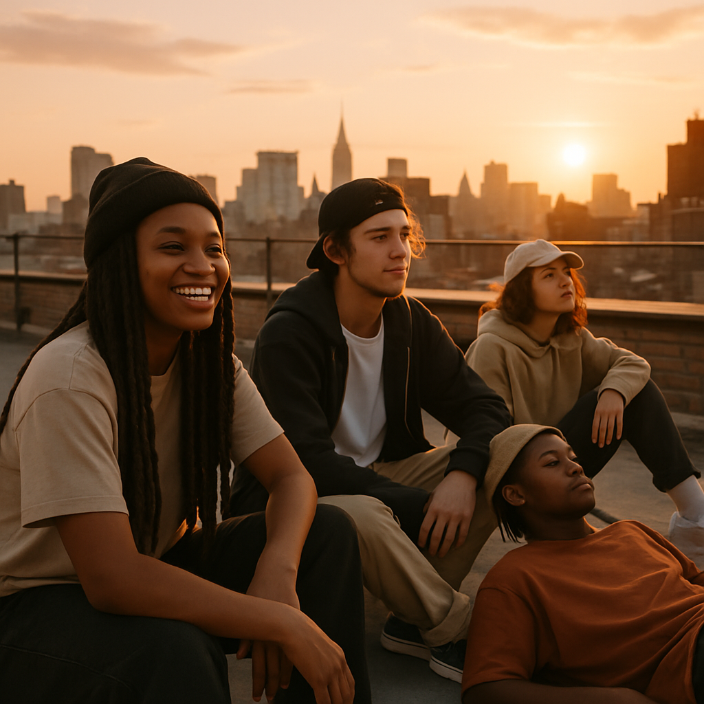Jovens em rooftop urbano, lifestyle descontraído ao pôr-do-sol