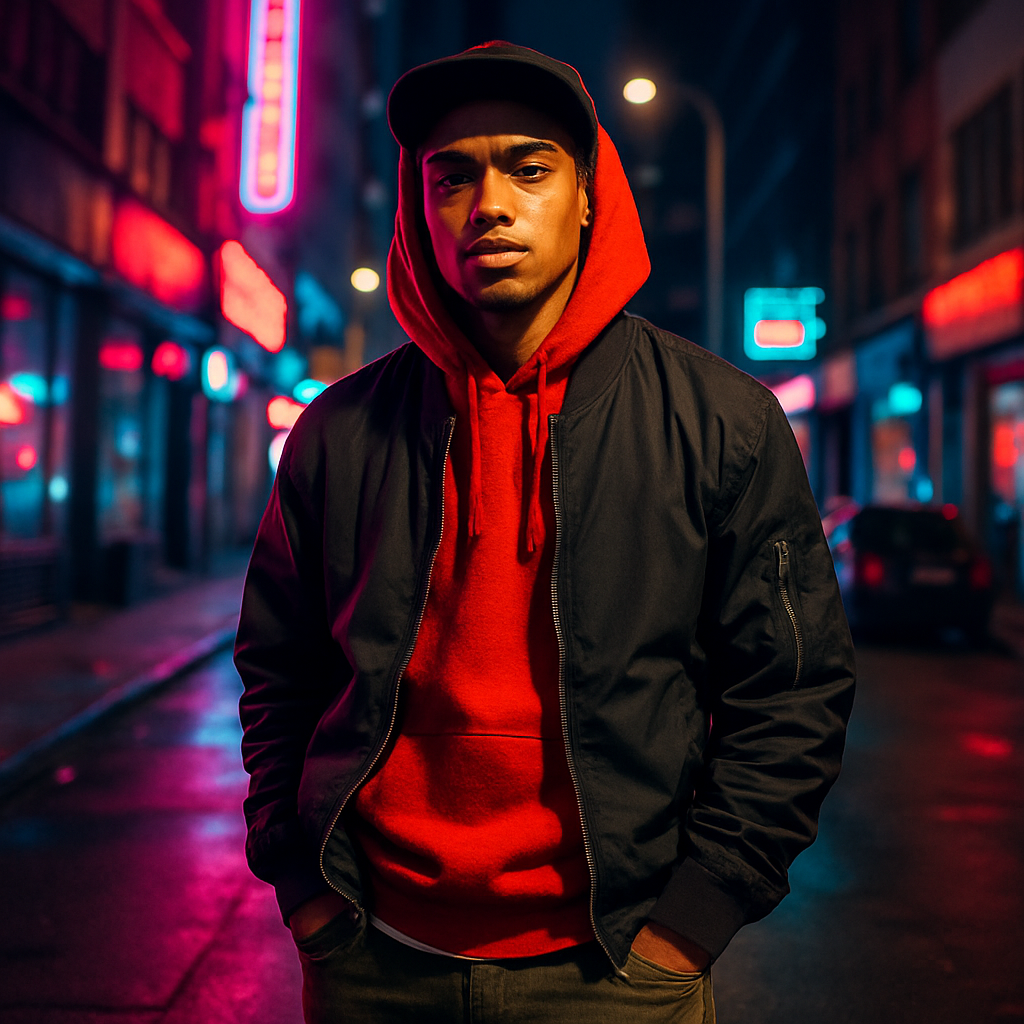 Look de moda streetwear em ambiente urbano à noite