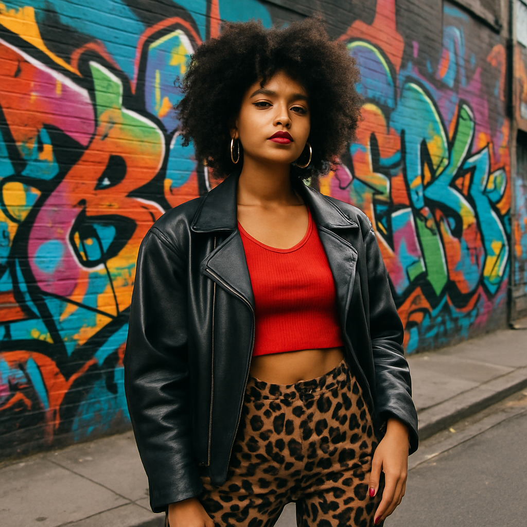 Ambiente urbano com arte de rua: modelo posa em frente a mural de grafite colorido, visual ousado