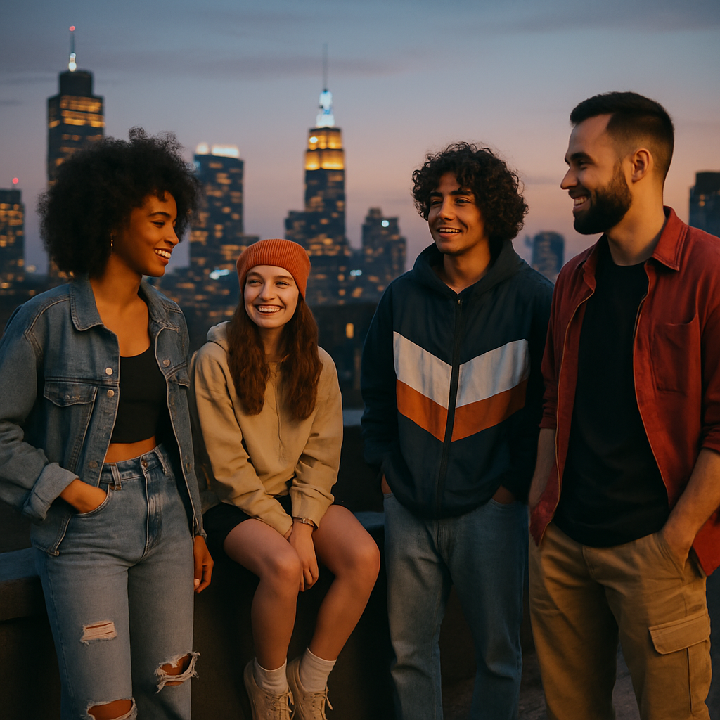 Lifestyle urbano: grupo de jovens em rooftop com vista para prédios, luzes da cidade ao fundo